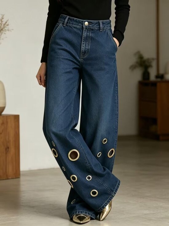 Denim - Large Grommets Dark Blue Stretchy Denim Jeans